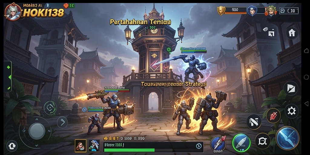 Tampilan gameplay <strong>HOKI138</strong> dengan menara yang berfungsi dan musuh yang menyerang.