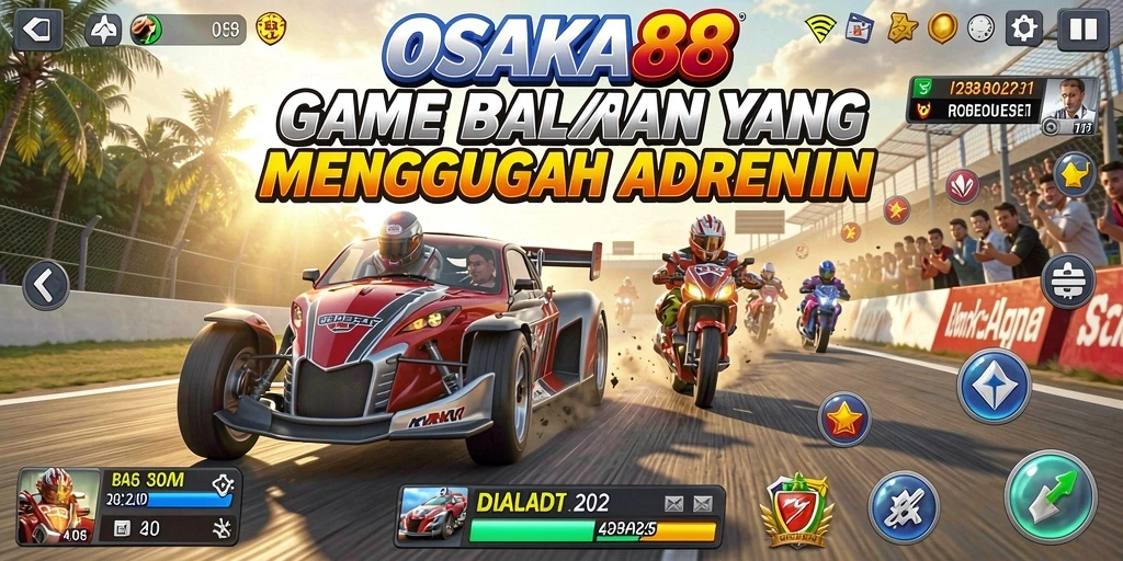 Screenshot gameplay OSAKA88 yang menampilkan balapan seru dan kendaraan cepat.